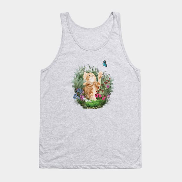 Ginger kitten playing with a blue butterfly Tank Top by Just Kidding by Nadine May